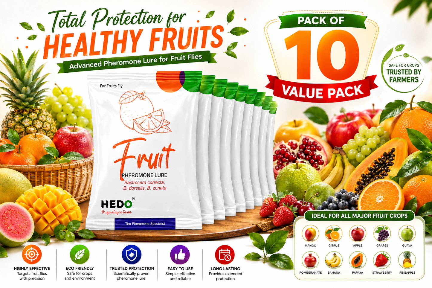 HEDO Fruit Fly Pheromone Lure (Bactrocera correcta, Bactrocera zonata & Bactrocera dorsalis) Pack of 10 | Fruit Fly Trap Lure for Mango, Guava & All  Fruit Crops | Eco-Friendly Pest Monitoring